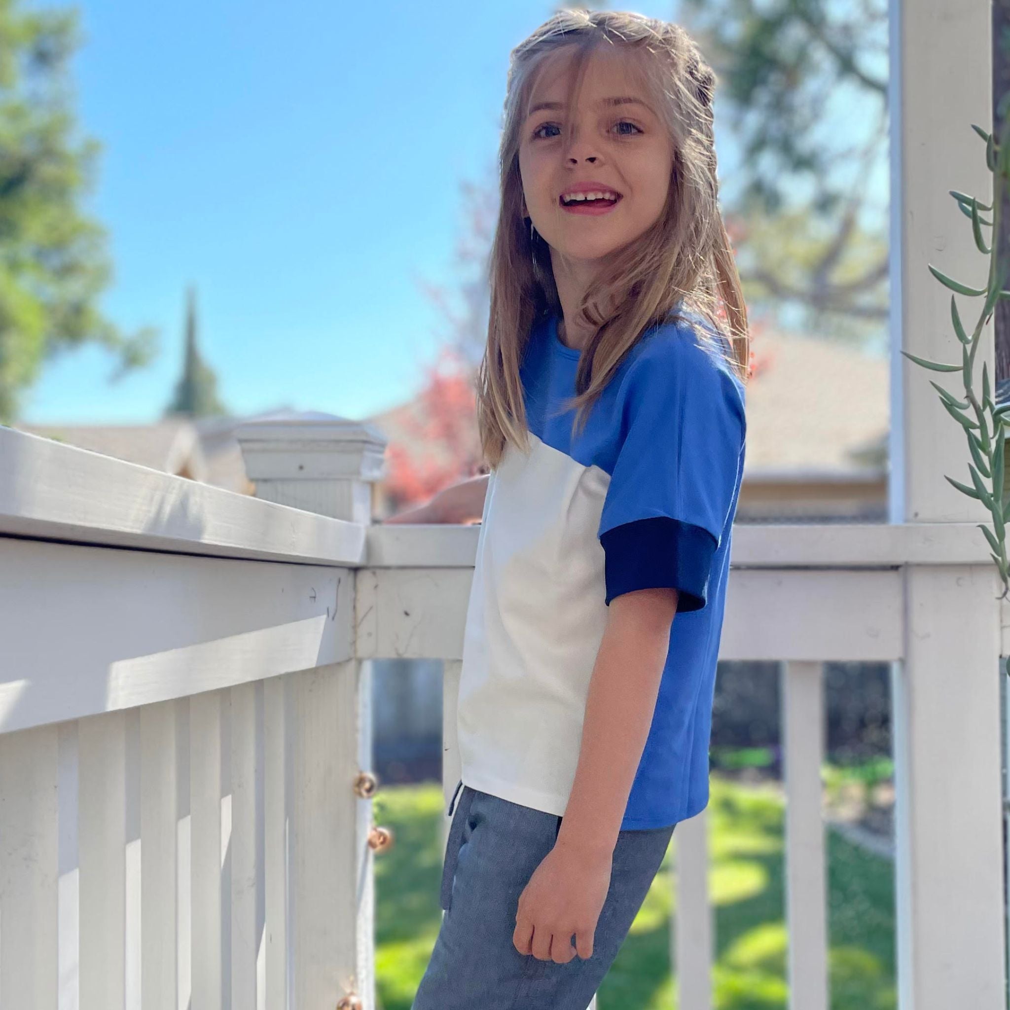 Kids organic cotton drop shoulder t-shirt in blue and white