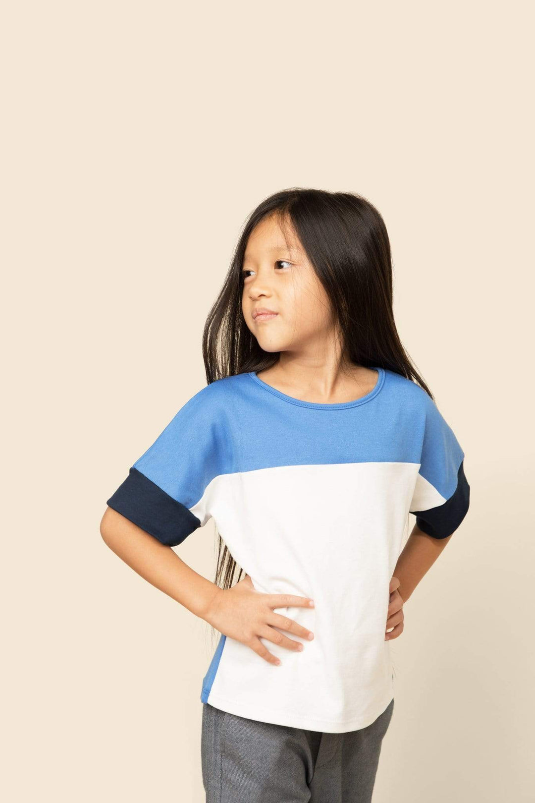 Kids organic cotton drop shoulder t-shirt in navy and white colorblock