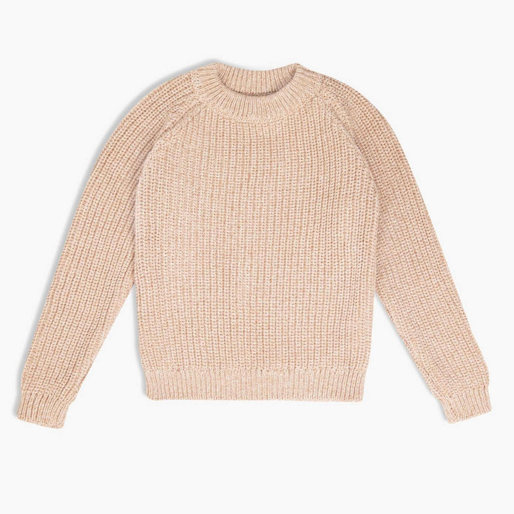 One of our best selling girls sweaters. Chunky knit, made from organic cotton yarn, in beautiful marled blush color. Made in NYC.