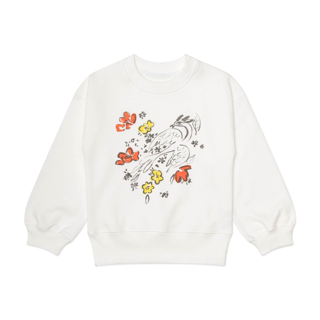 White fleece kids sweatshirt, featuring a painted Firebird. Artwork inspired by Marc Chagall. Made from 100% organic Peruvian cotton fabric, cut and sewn in LA. Made in the US.