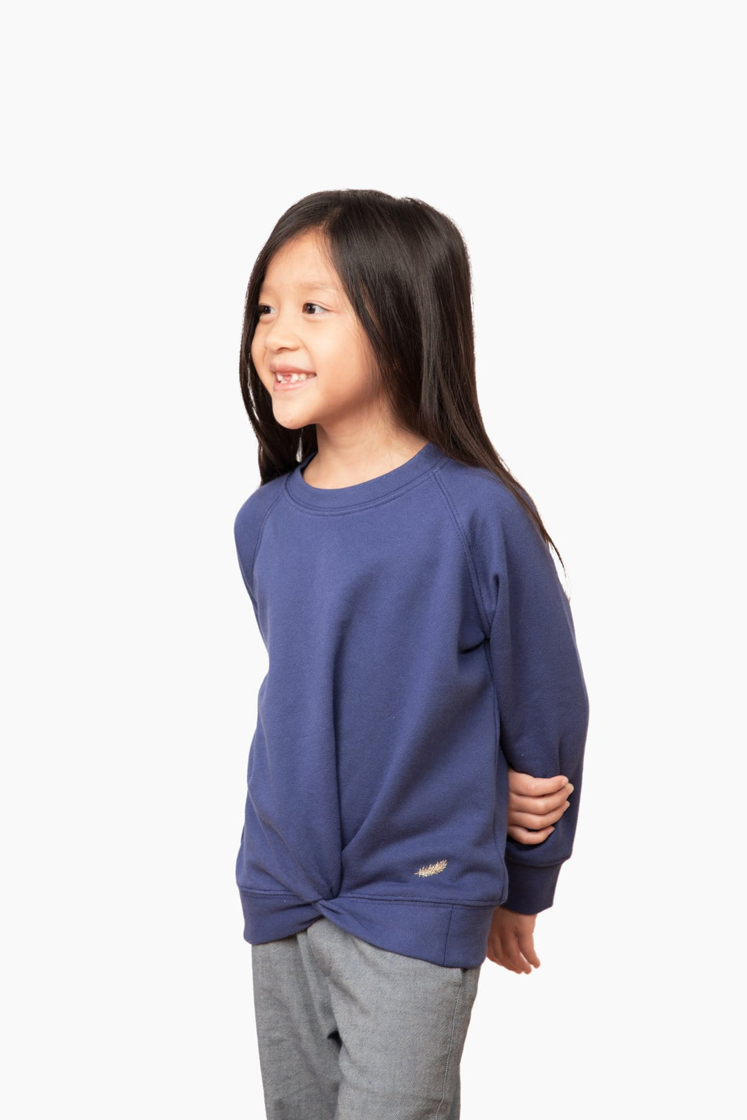 Kids sweatshirts. 100% Organic cotton fleece, cut and sew in NYC. Deep blue color. Golden feather embroidery as a nice and stylish detail.