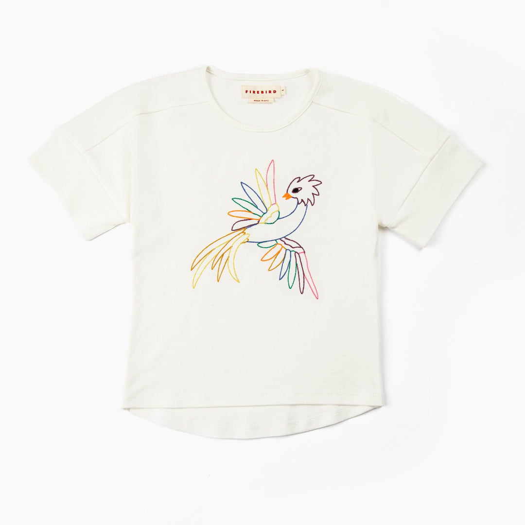 Firebird Kids girls graphic tees. Embroidered firebird, on 100% Peruvian organic cotton tee. Hip and Stylish. Cut, sewn and embroidered in NYC. Made in the USA.