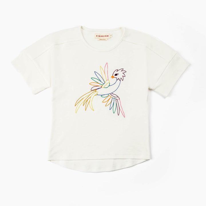 Firebird Kids girls graphic tees. Embroidered firebird, on 100% Peruvian organic cotton tee. Hip and Stylish. Cut, sewn and embroidered in NYC. Made in the USA.