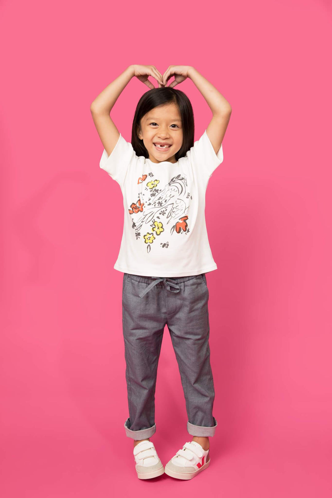 One of our favorite girls graphic tees, featuring a painted Firebird. Artwork inspired by Marc Chagall. Made from 100% organic cotton fabric, cut and sewn in LA. Unisex organic denim kids pants.