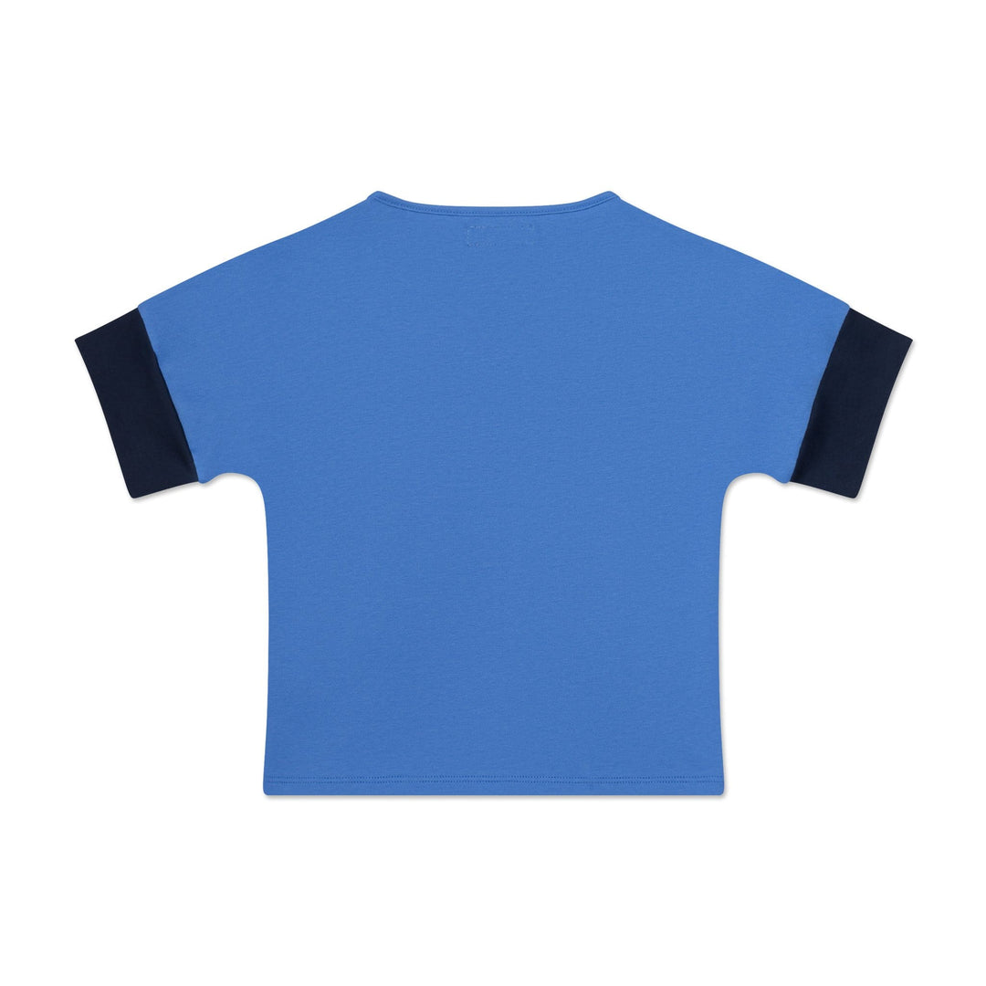 Kids organic cotton drop shoulder t-shirt in navy and white colorblock