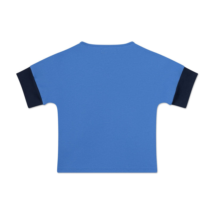 Kids organic cotton drop shoulder t-shirt in navy and white colorblock