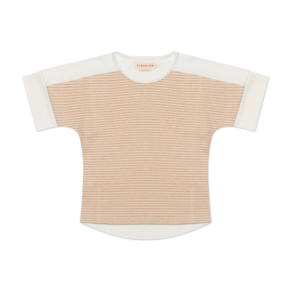 Girls organic cotton tee that is durable, sustainable, and eco-friendly. Natural beige stripes.