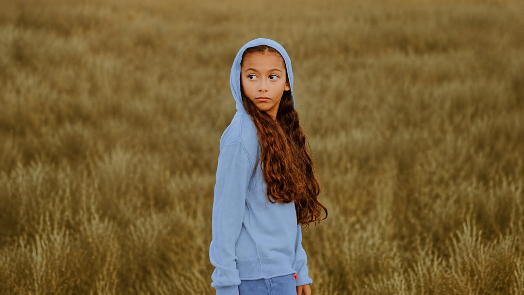 Kid wearing Cotton Cashmere Hoodie Sweater (Blue) by Firebird Kids