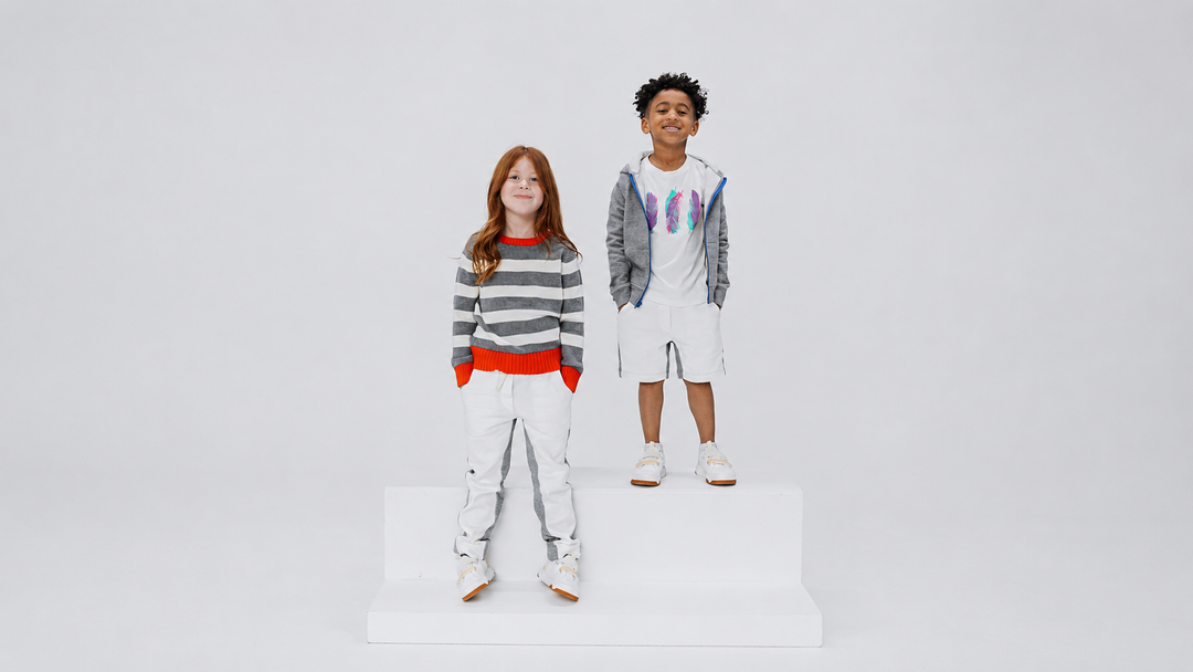 Kids in Firebird Kids Soft Denim Pants and sneakers, an easy everyday pick for the school checklist