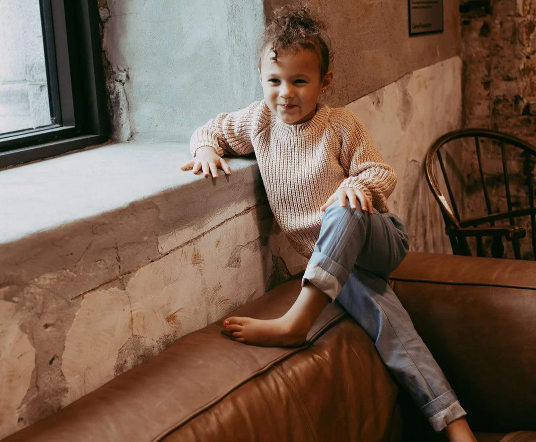 Kid wearing Soft Denim Pants by Firebird Kids 