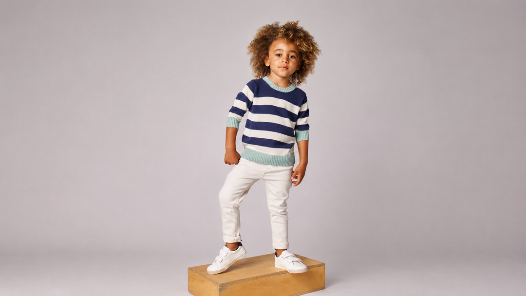Kid wearing Striped Crewneck Sweater by Firebird Kids