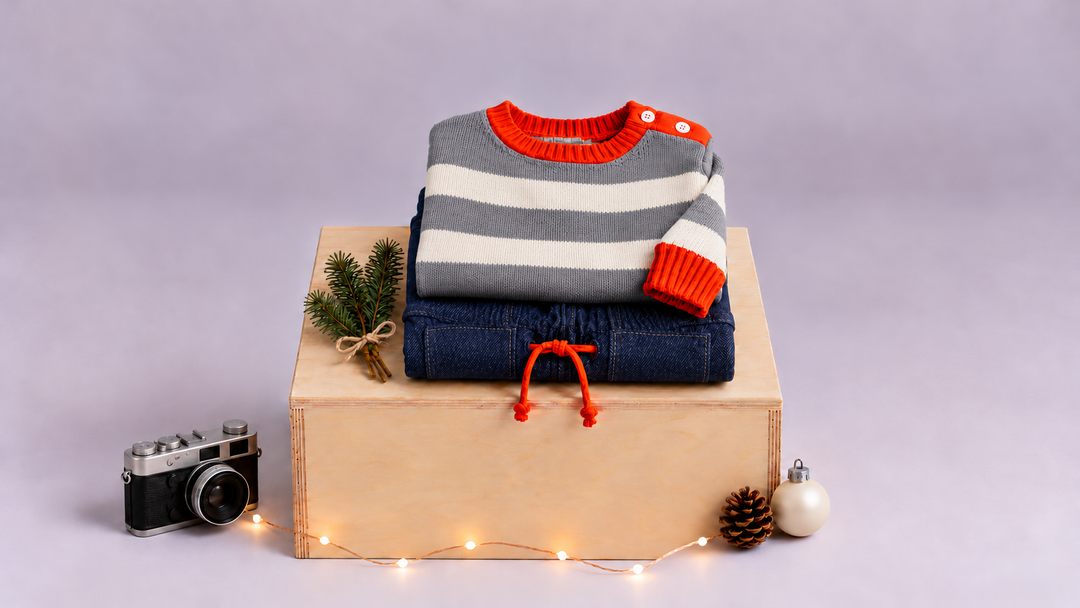 Firebird Kids striped sweater and denim pants with holiday decor