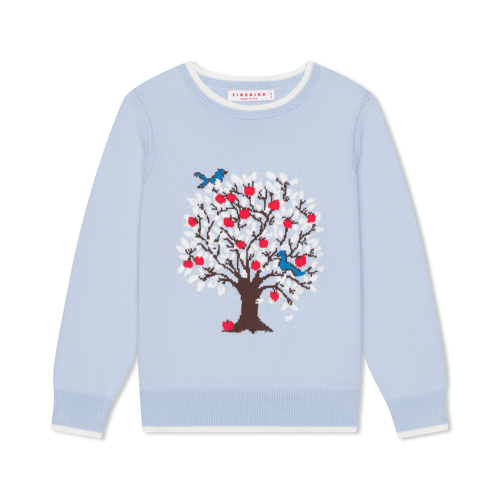 A blue intarsia sweater with a tree design featuring red apples and blue birds on a dusty blue background.