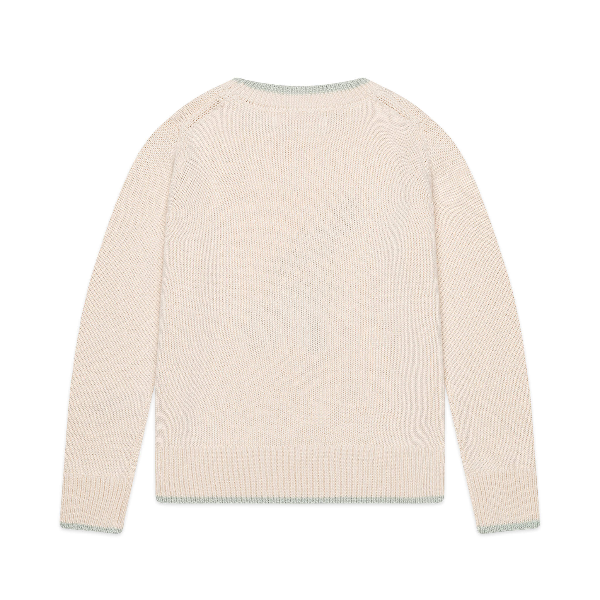 Back or detail view of Firebird Kids bird intarsia sweater in ivory and sage — 100% organic Italian cotton yarn.