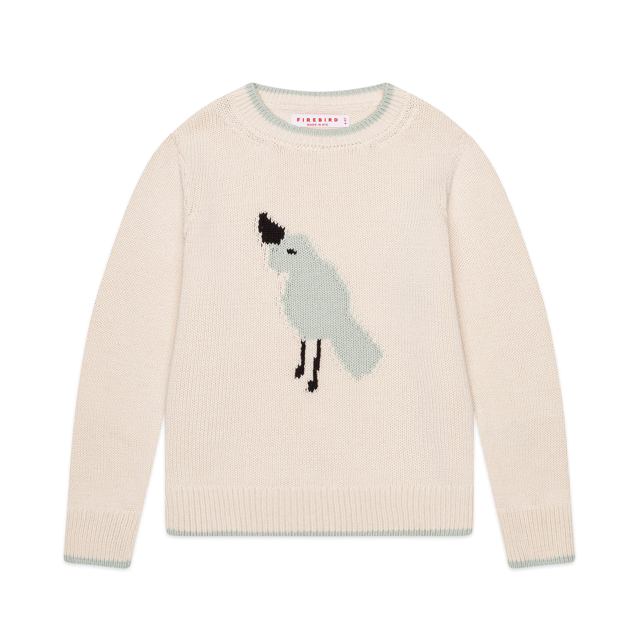 Firebird Kids ivory bird intarsia sweater with sage bird motif — organic cotton knit made in NYC.