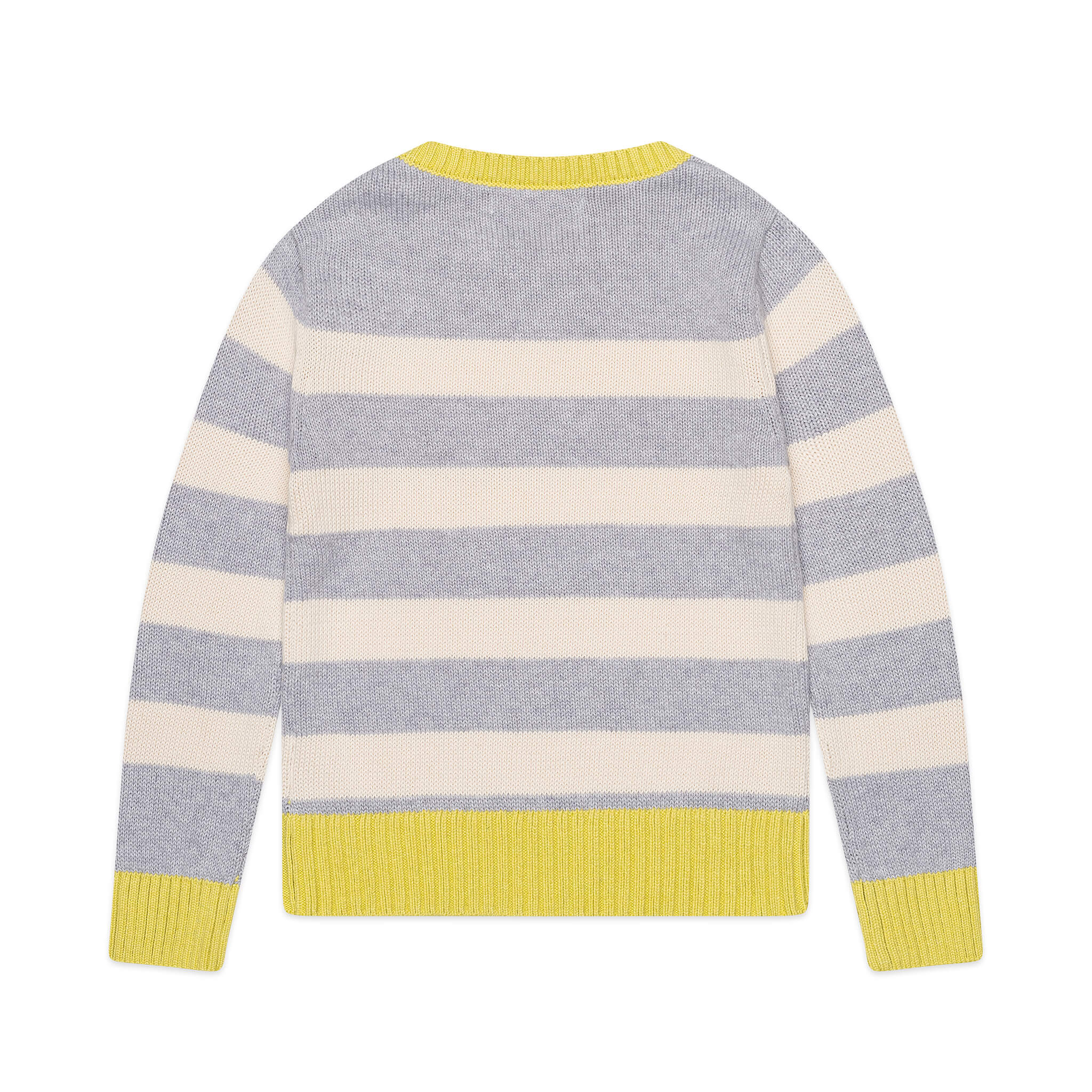 Back view of Firebird Kids yellow and ivory striped organic cotton sweater with contrast yellow rib trim and soft textured knit.
