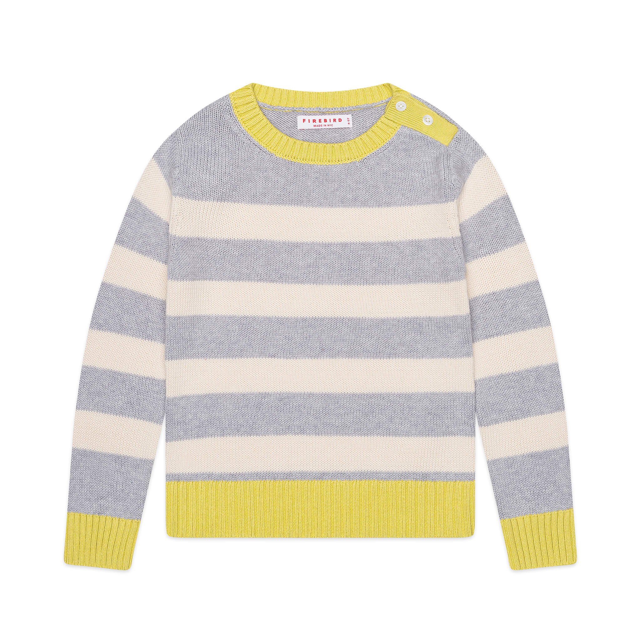 Firebird Kids buttery-soft yellow and ivory striped crewneck sweater with easy neck placket buttons — organic cotton knit made in NYC.