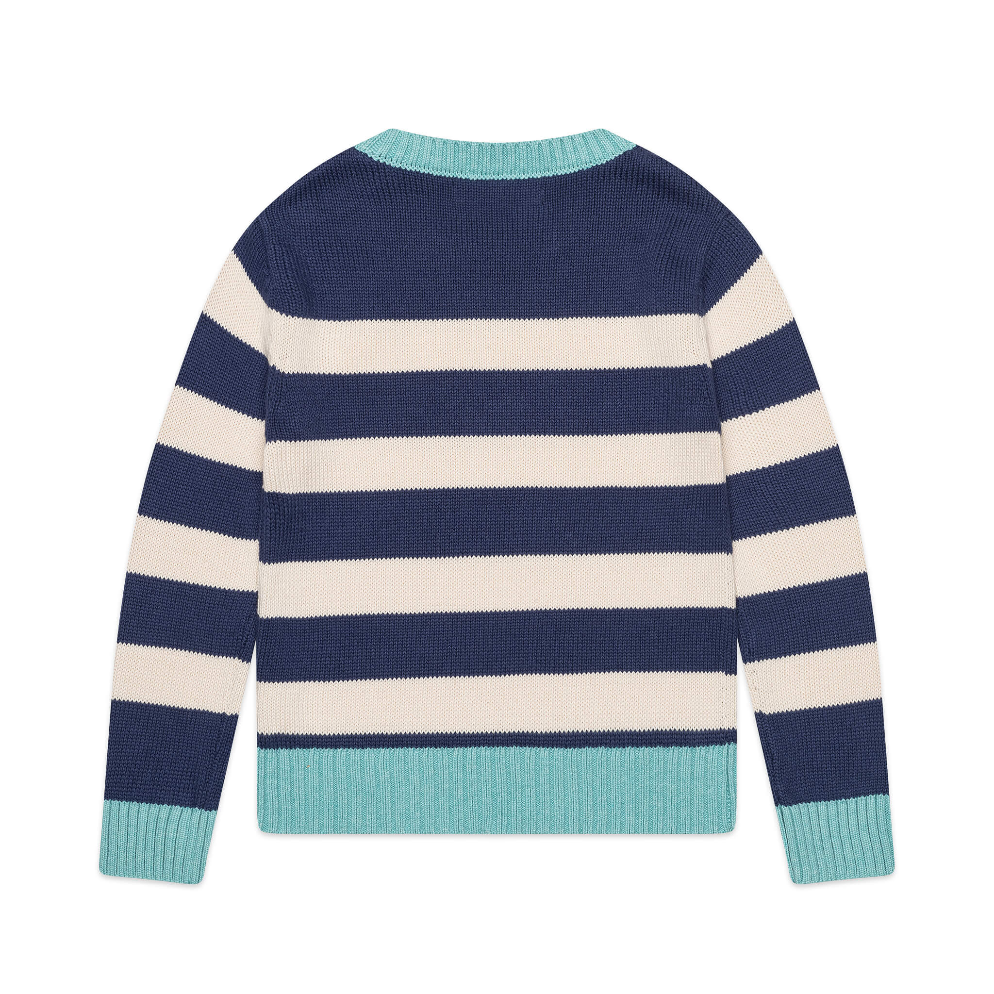 Firebird Kids Striped Crewneck Sweater, back view, worn by a child.