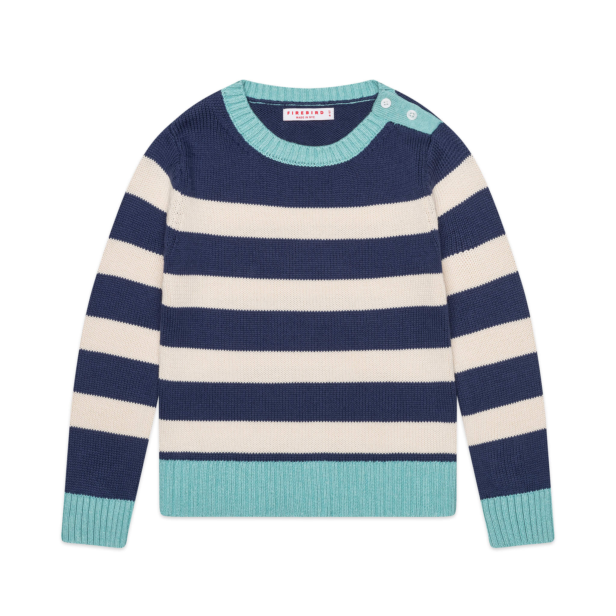 Firebird Kids Striped Crewneck Sweater, front view, worn by a child.