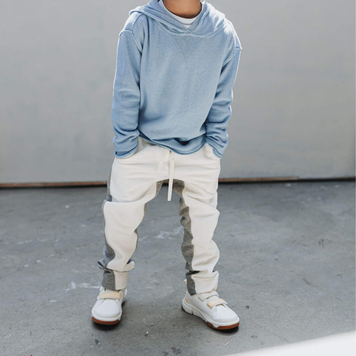 Child wearing the Firebird Kids organic cotton Colorblock Fleece Joggers
