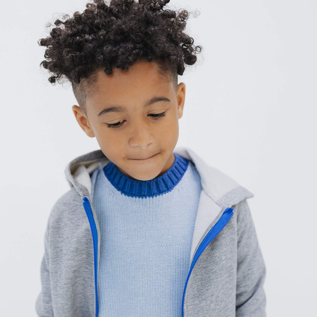 Boy wearing the Firebird Kids gray fleece zip hoodie with blue zipper and colorblock sweater