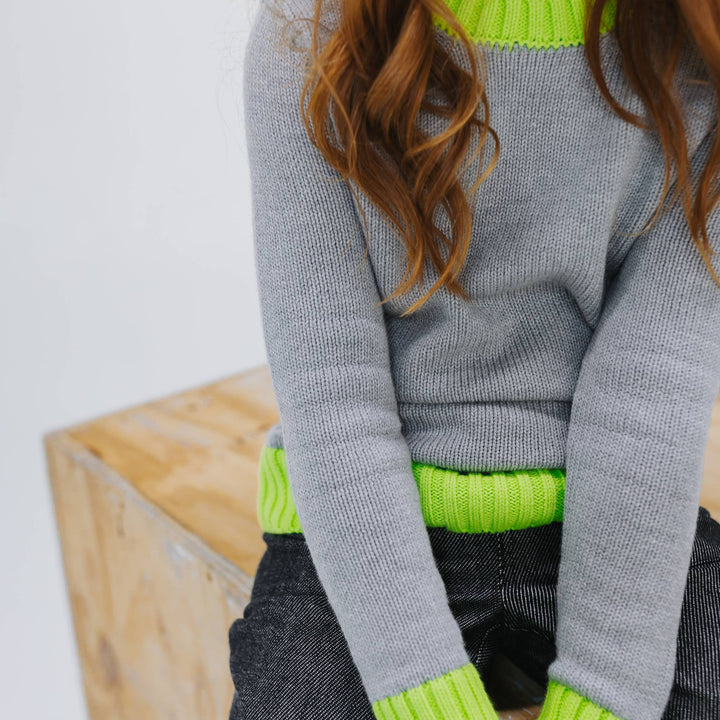 Kids colorblock crewneck sweater in heather grey with neon yellow contrast trim at the neck, cuffs and hem, organic cotton, knit in New York