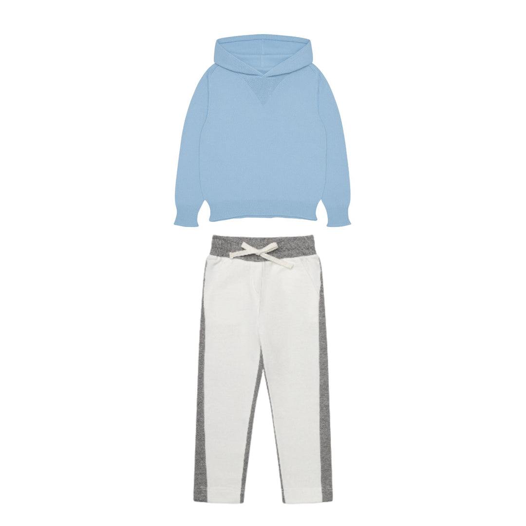 Kids cotton cashmere hoodie in soft blue paired with organic cotton fleece joggers in heather gray and ivory by Firebird Kids.
