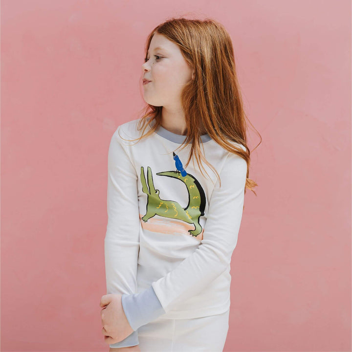 Girl wearing the Firebird Kids organic Pima cotton pajamas