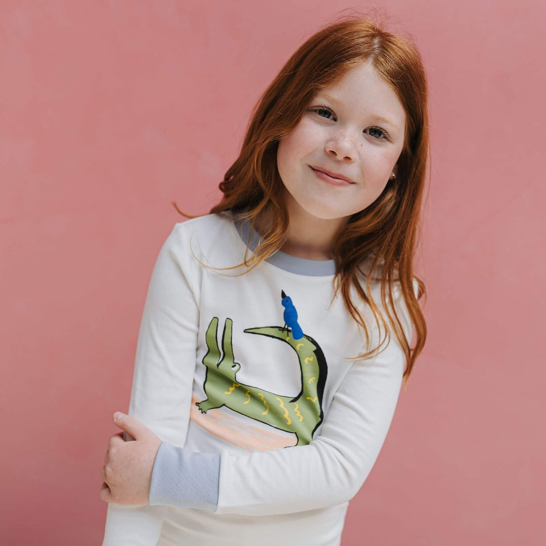 Girl wearing soft organic cotton long-sleeve pajamas