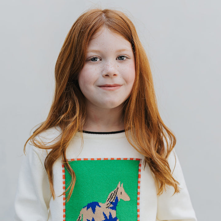 Girl in the Horse Intarsia Sweater, contrast-tipped crew collar detail