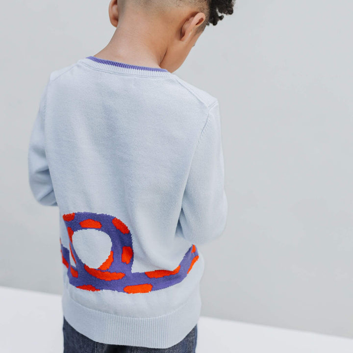 Back view of a boy in the Snake Intarsia Sweater, the violet and red snake coiling around the back hem