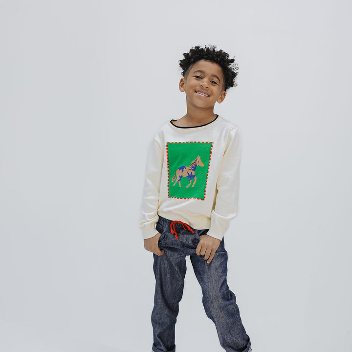 Boy standing in the kids horse sweater, hands in pockets, Firebird Kids
