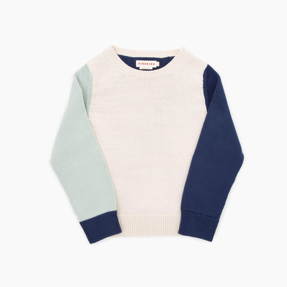 Firebird Kids Asymmetric Colorblock Sweater, front view, worn by a child.