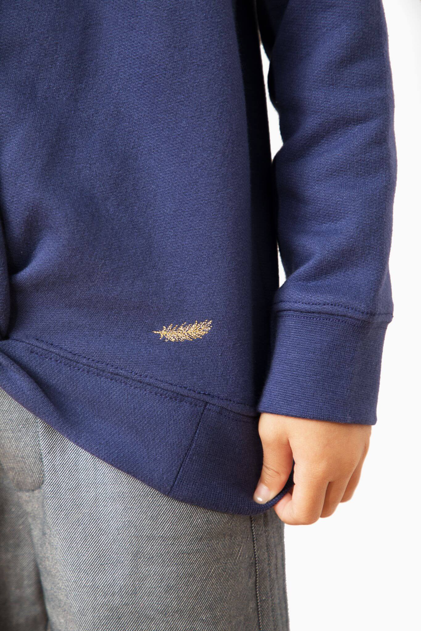 Kids sweatshirts. 100% Organic cotton fleece, cut and sew in NYC. Deep blue color. Golden feather embroidery as a nice and stylish detail.