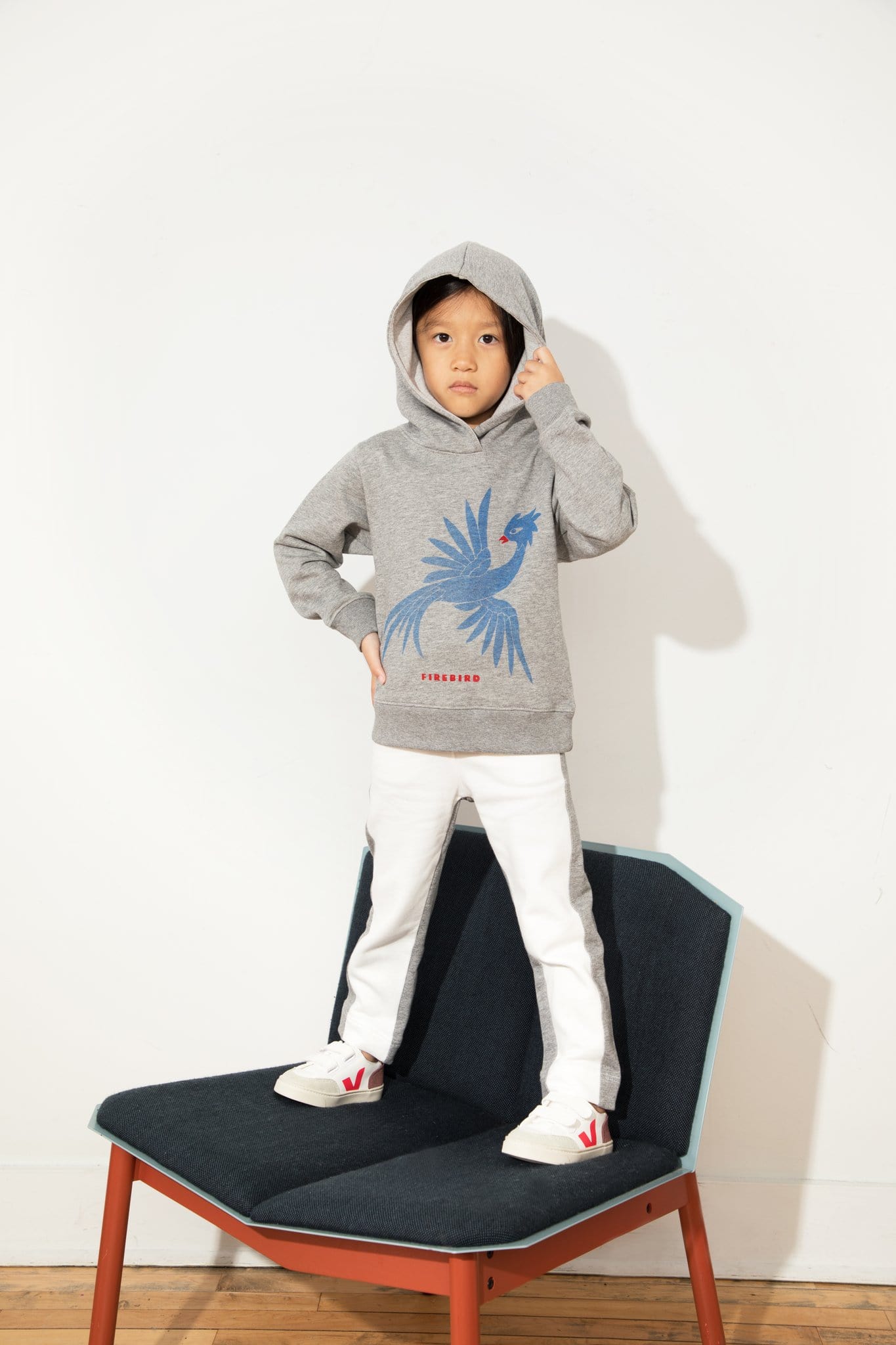 Kids pants and graphic hoodie. Organic cotton fleece. Heather grey / white colors. Unisex. Made in the US (LA).