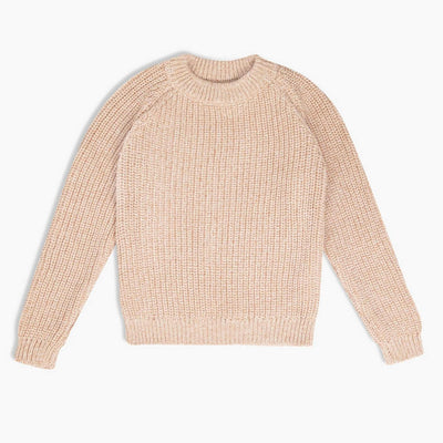 One of our best selling girls sweaters. Chunky knit, made from organic cotton yarn, in beautiful marled blush color. Made in NYC. 