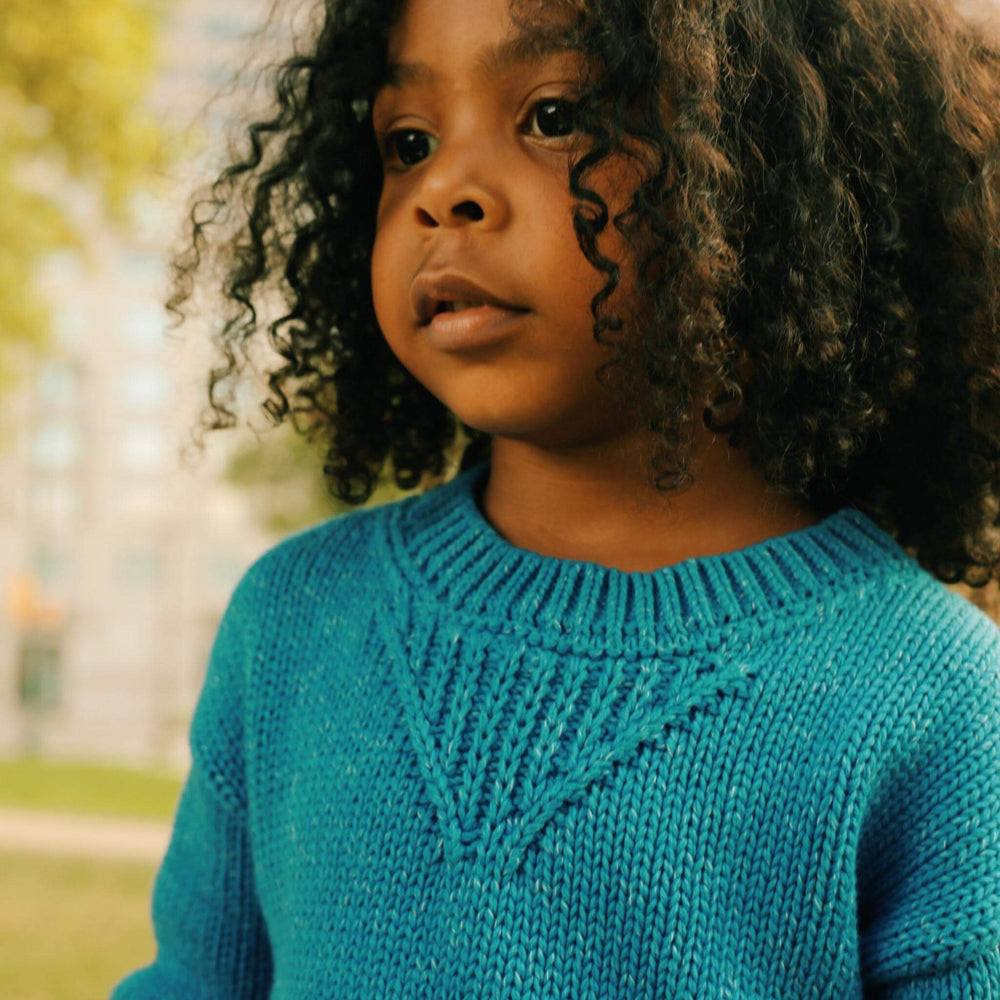 Firebird Kids Chunky Marled Cotton Sweater (Blue), worn by a child.