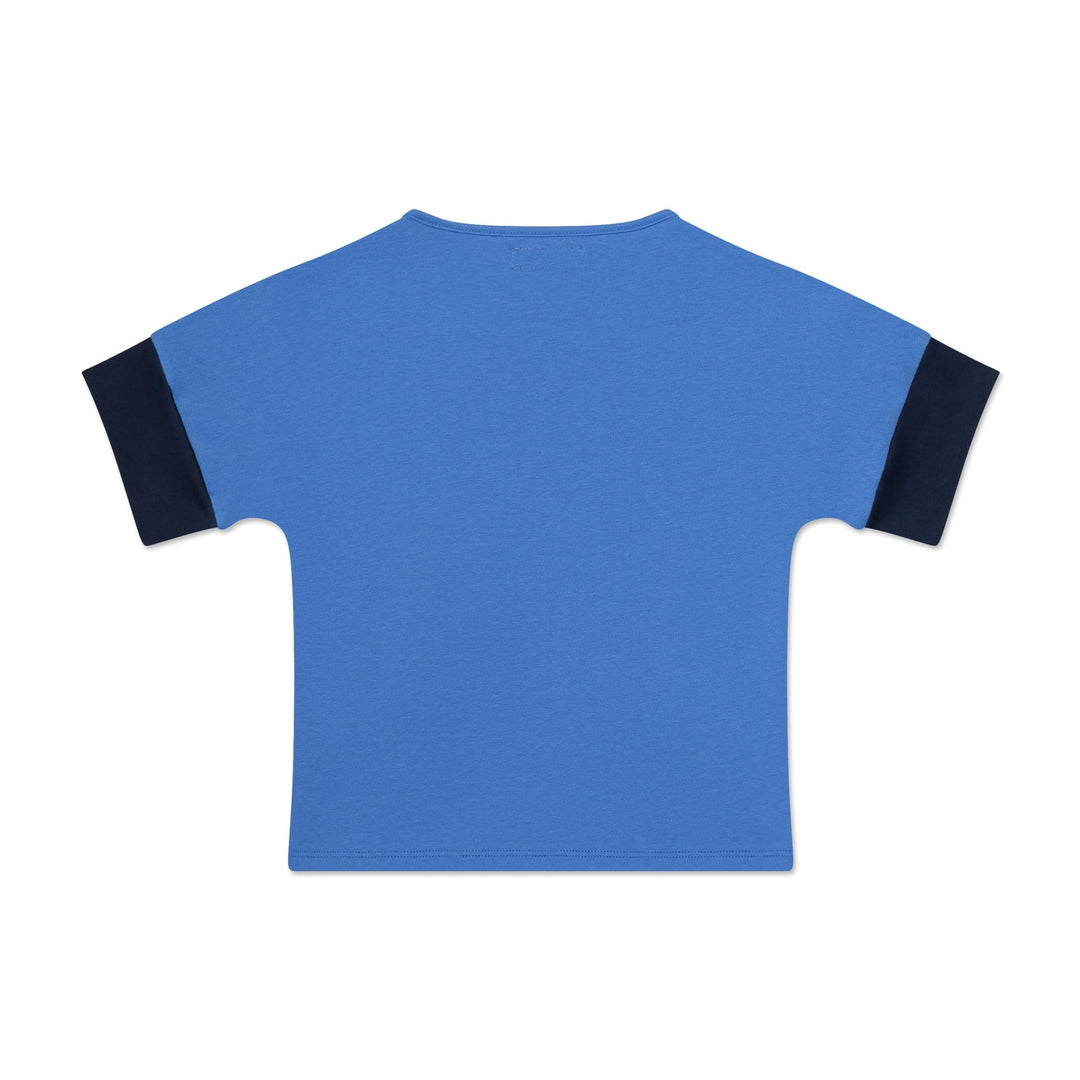 Girls tee that is durable, sustainable, and eco-friendly. Made from organic cotton. White, blue, and navy colorblock.