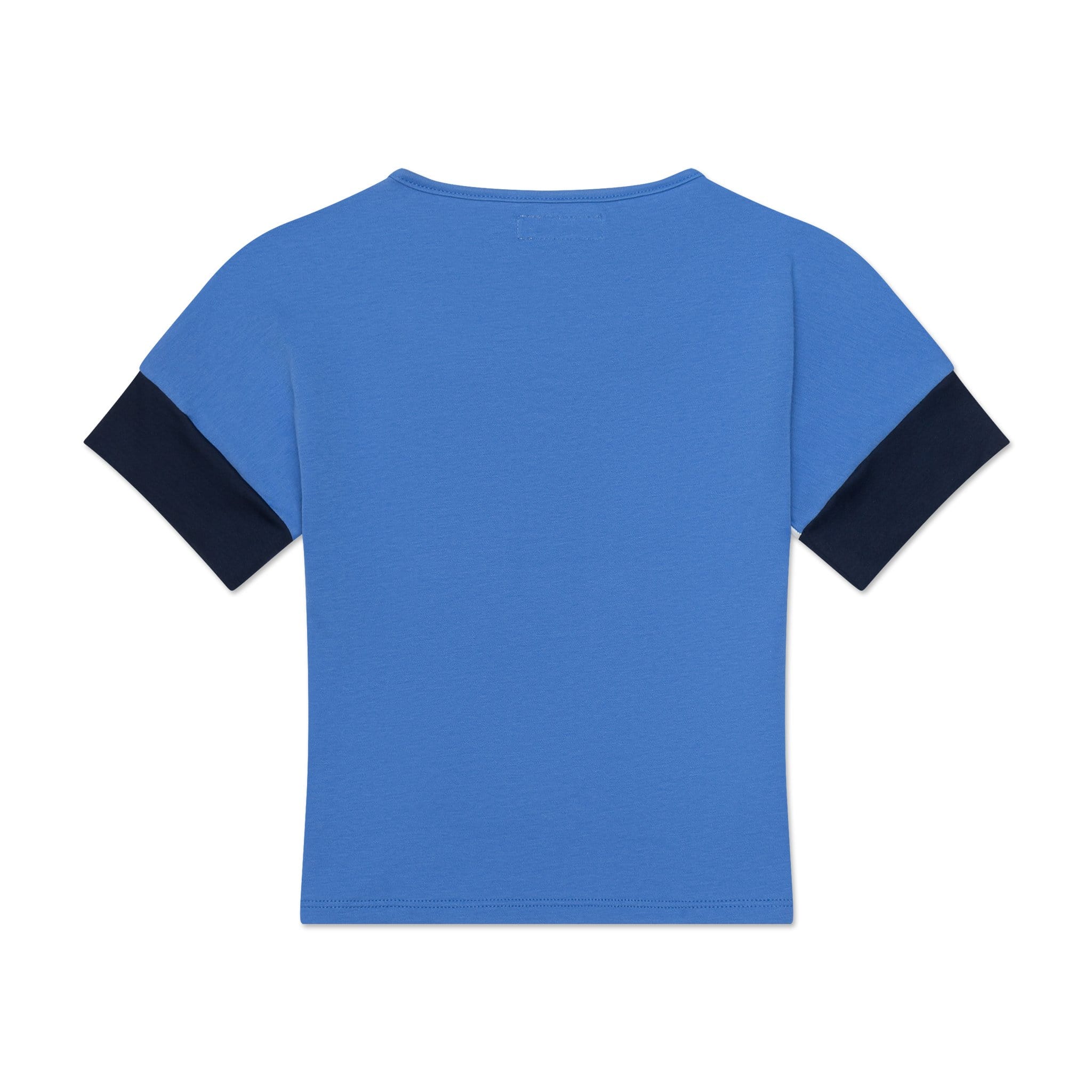Girls tee that is durable, sustainable, and eco-friendly. Made from organic cotton. White, blue, and navy colorblock.