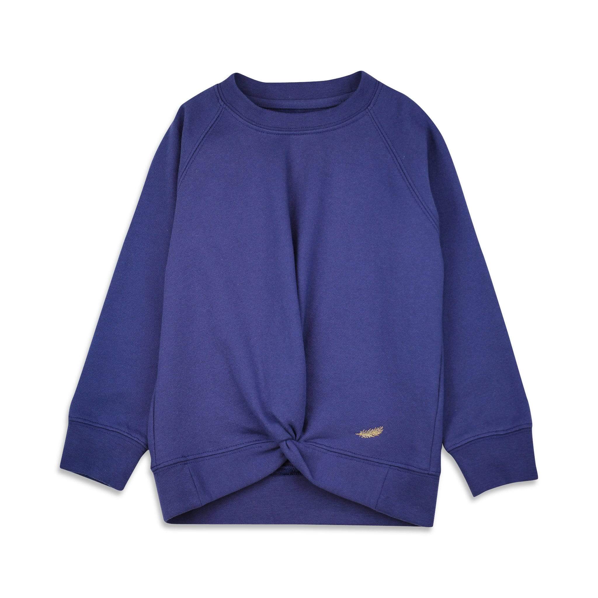 Kids sweatshirts. 100% Organic cotton fleece, cut and sew in NYC. Deep blue color. Golden feather embroidery as a nice and stylish detail. 