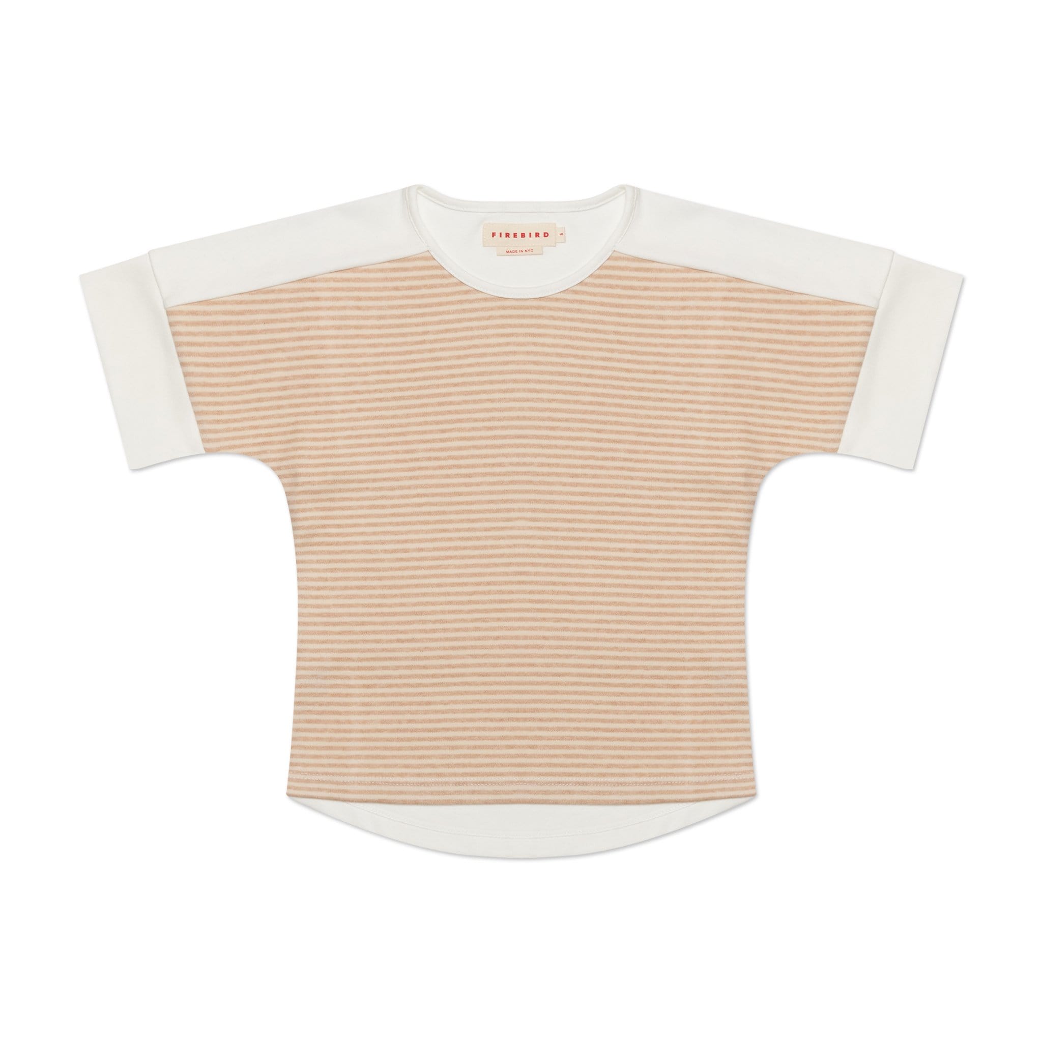 Girls organic cotton tee that is durable, sustainable, and eco-friendly. Natural beige stripes. 