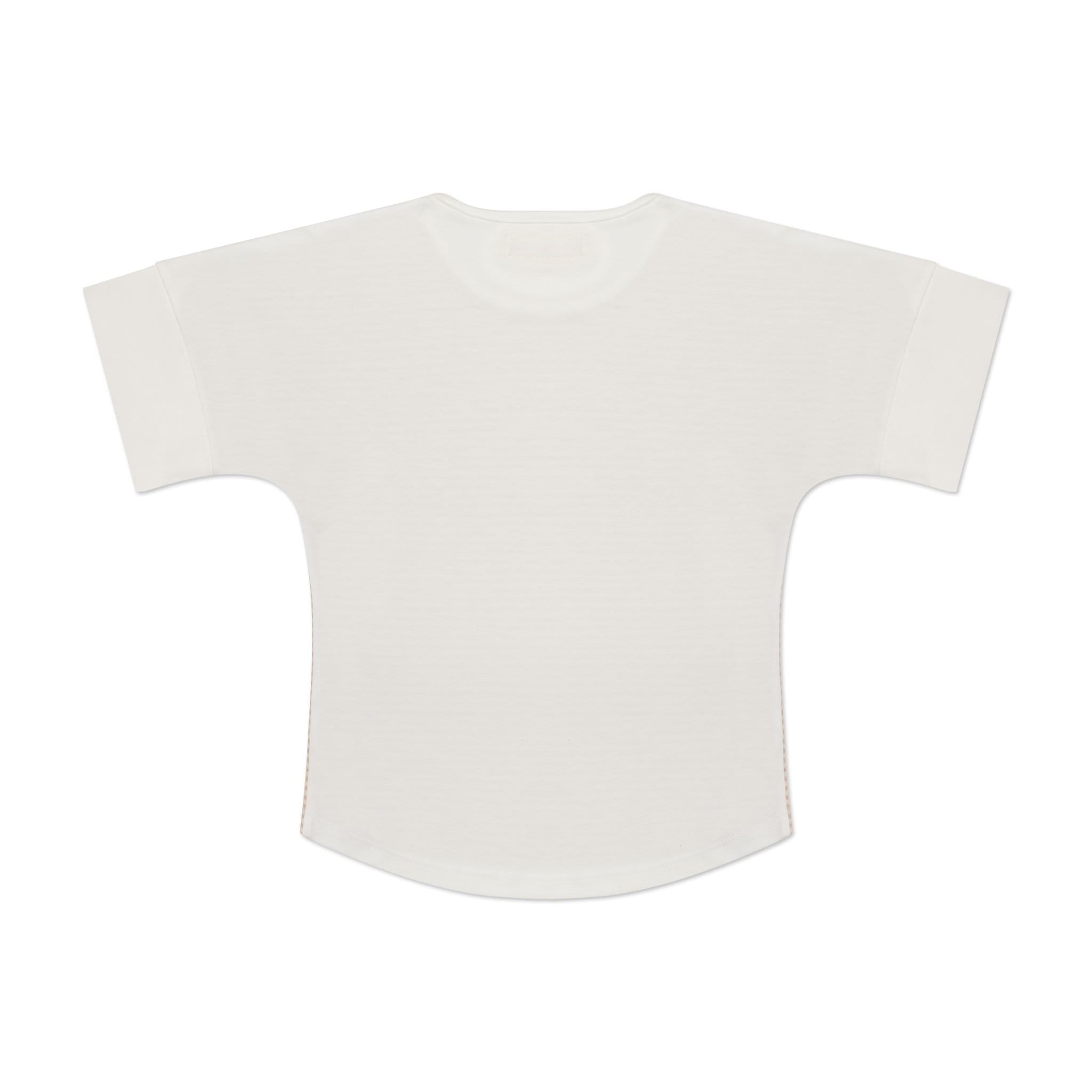 Girls organic cotton tee that is durable, sustainable, and eco-friendly. Natural beige stripes. 