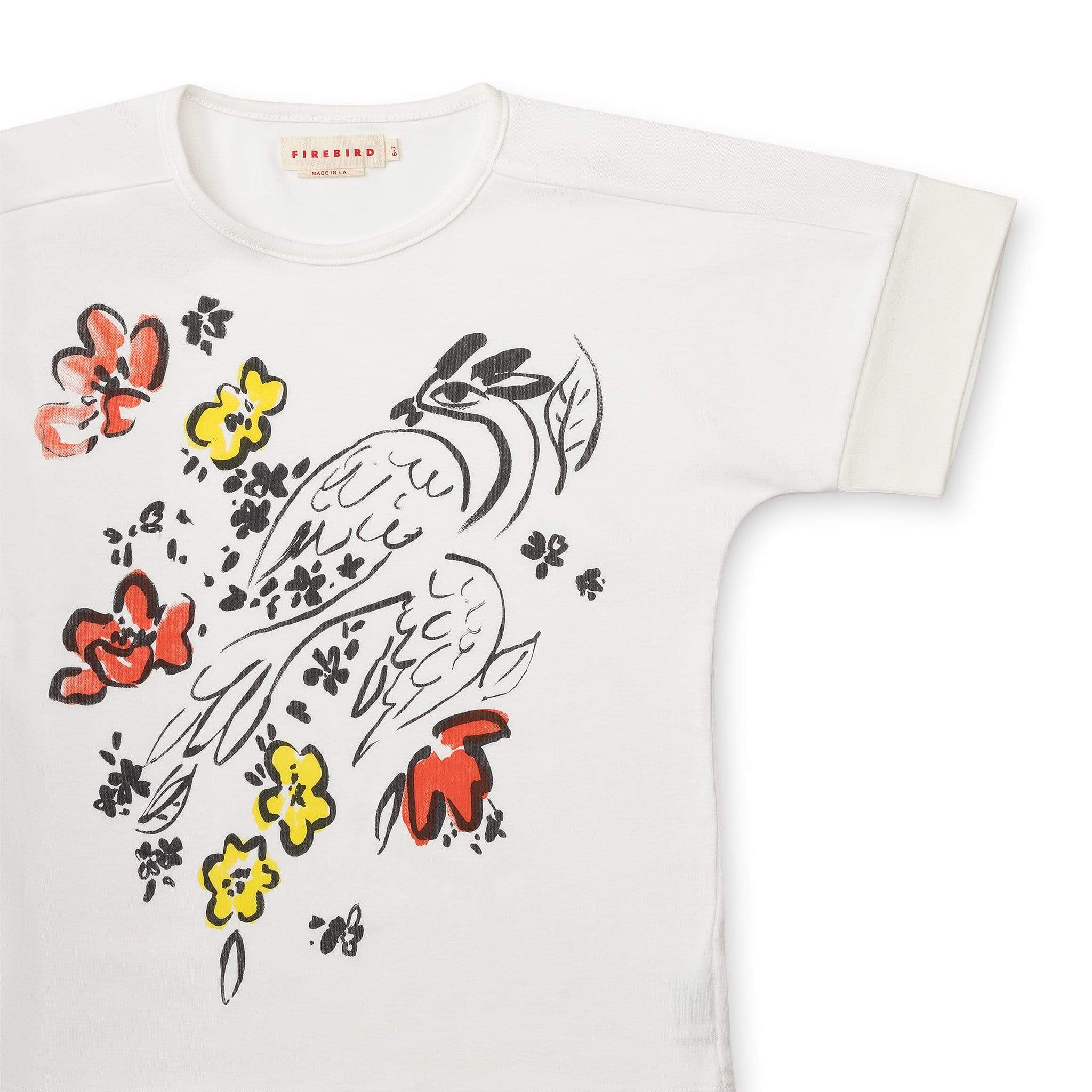 One of our favorite girls graphic tees, featuring a painted Firebird. Artwork inspired by Marc Chagall. Made from 100% organic cotton fabric, cut and sewn in LA. 