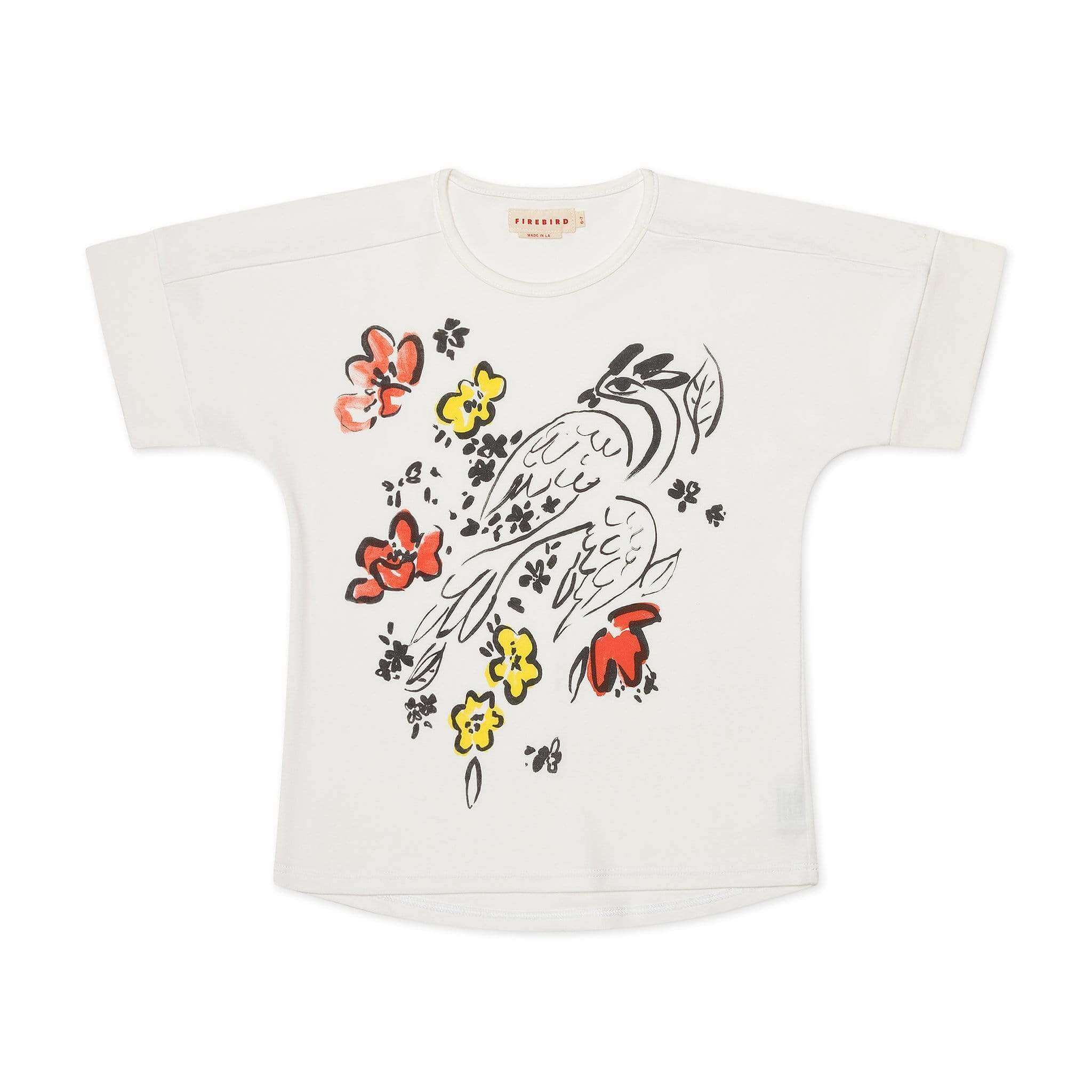 One of our favorite girls graphic tees, featuring a painted Firebird. Artwork inspired by Marc Chagall. Made from 100% organic cotton fabric, cut and sewn in LA. Made in the US. 